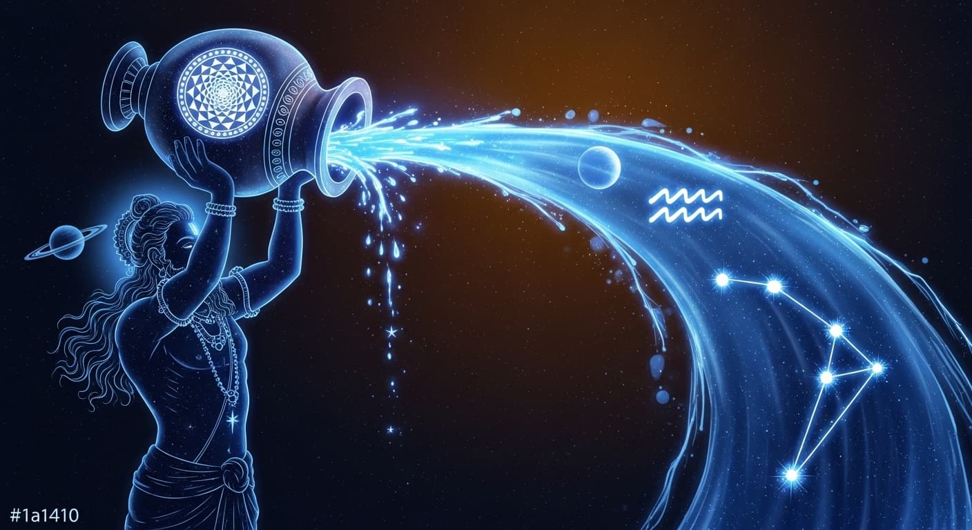 Kumbha — the Aquarius water-bearer pouring cosmic knowledge upon the universe, electric blue starfield behind
