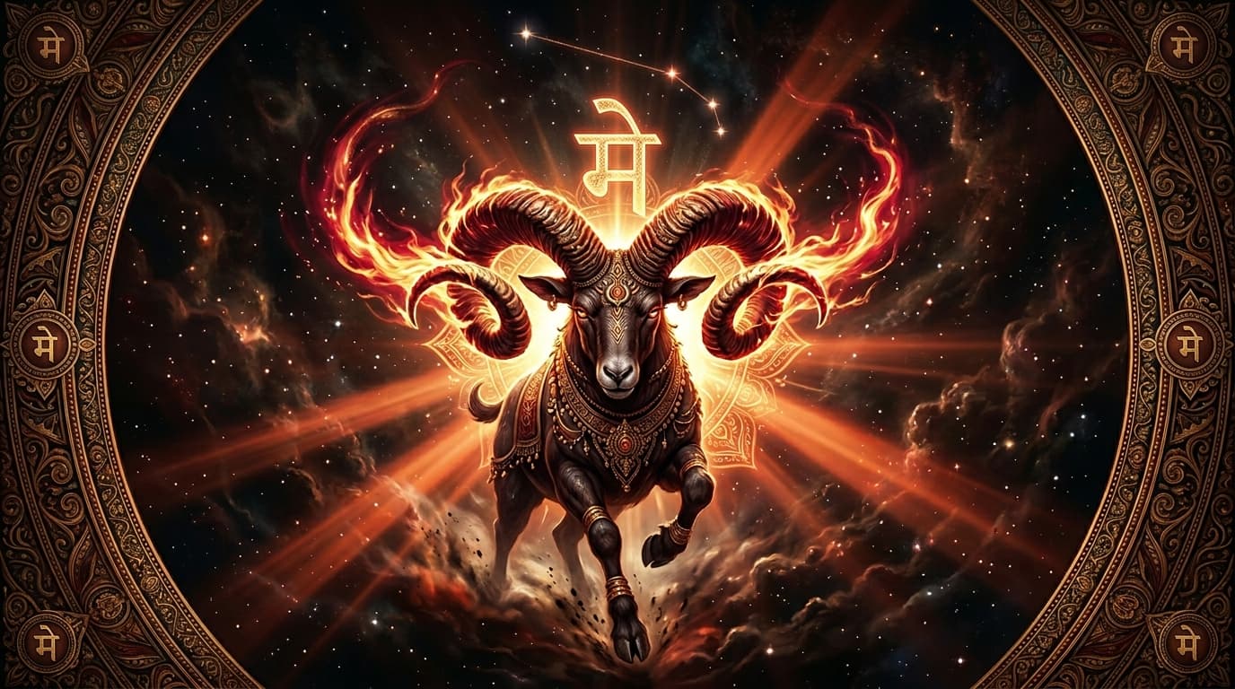 Mesha — the Aries ram charging through dark cosmic nebula, horns trailing crimson-gold fire
