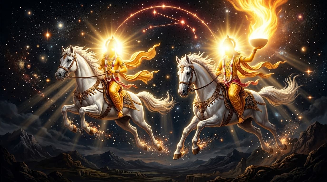The twin Ashwini Kumaras as radiant golden celestial physicians descending on white stallions