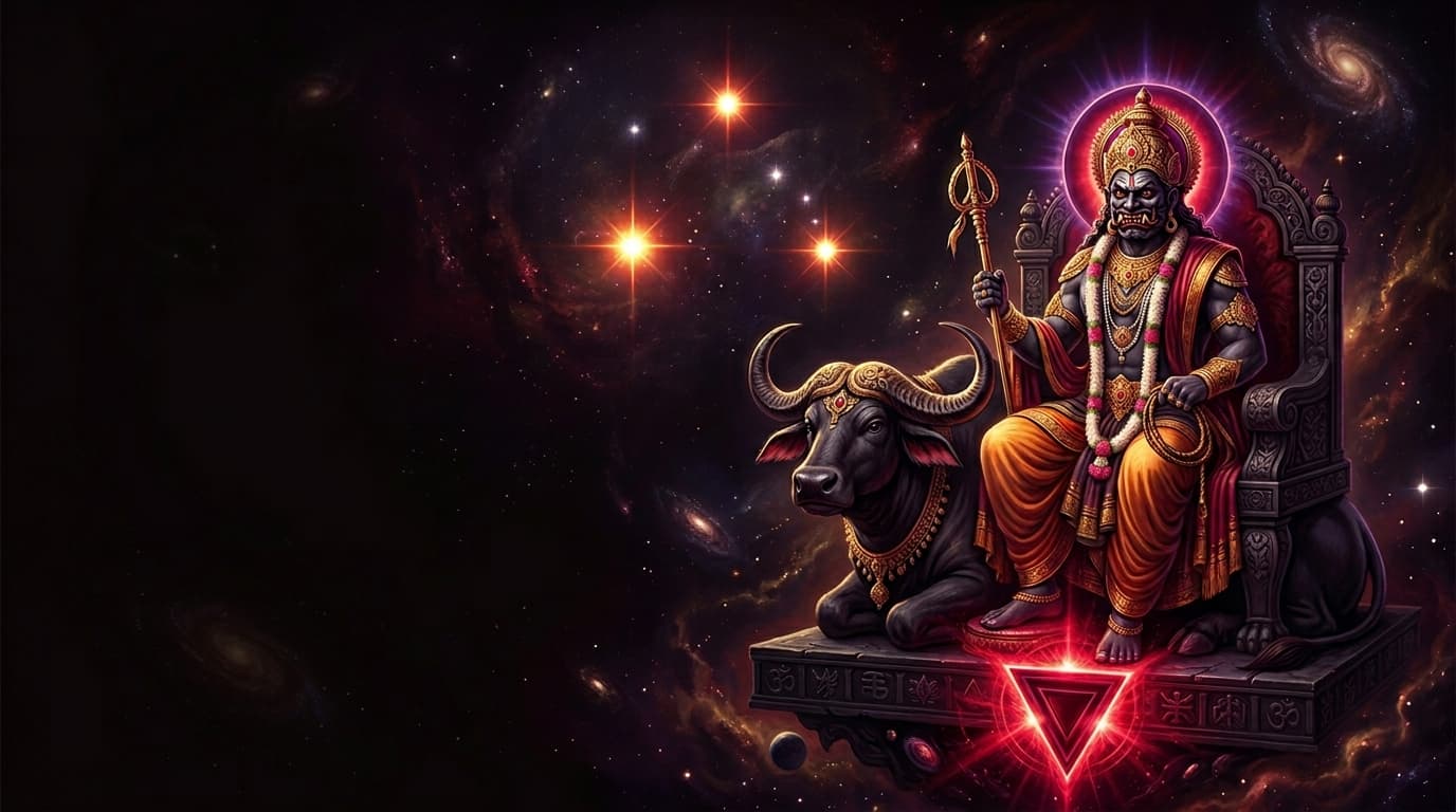 Yama, the deity of Bharani Nakshatra, seated on a buffalo throne within a deep crimson-violet cosmic void