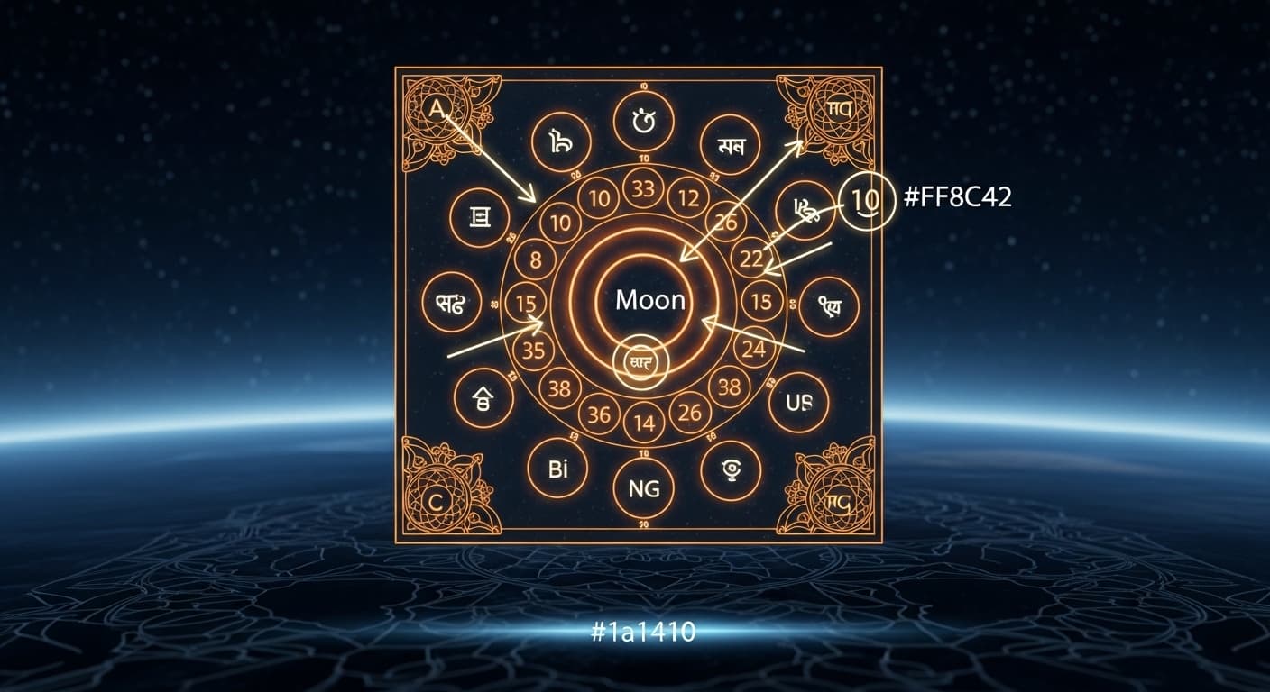 Vedic birth chart reading guide — Kundli grid with planetary positions, house divisions, and Sanskrit numerals