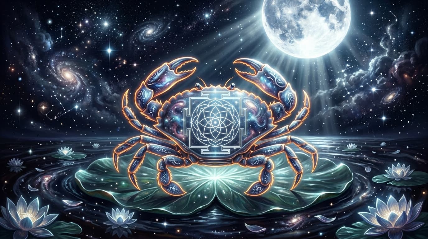 Karka — the Cancer crab as luminous silver-blue cosmic crustacean on moonlit lotus pad