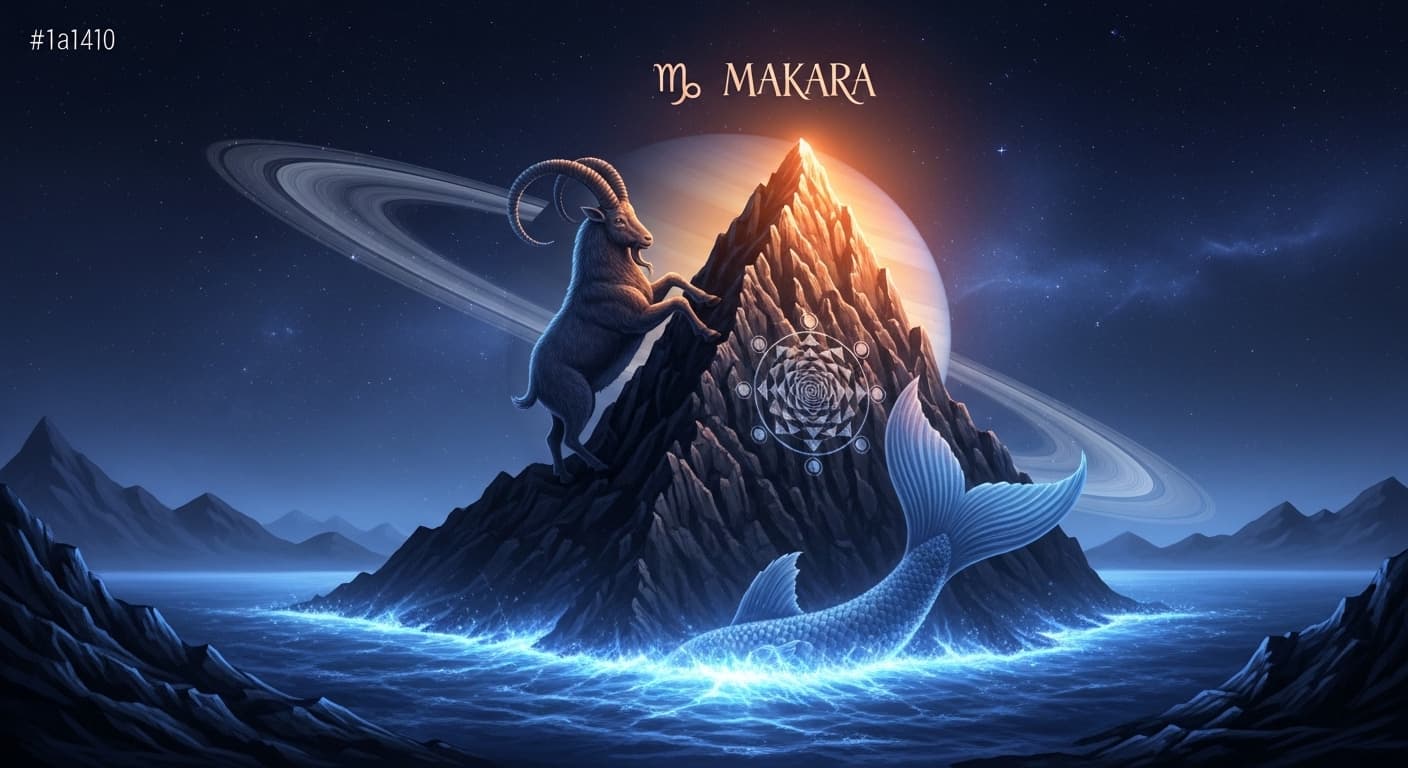 Makara — the Capricorn sea-goat ascending a celestial mountain peak, Saturn's rings glowing in the night sky