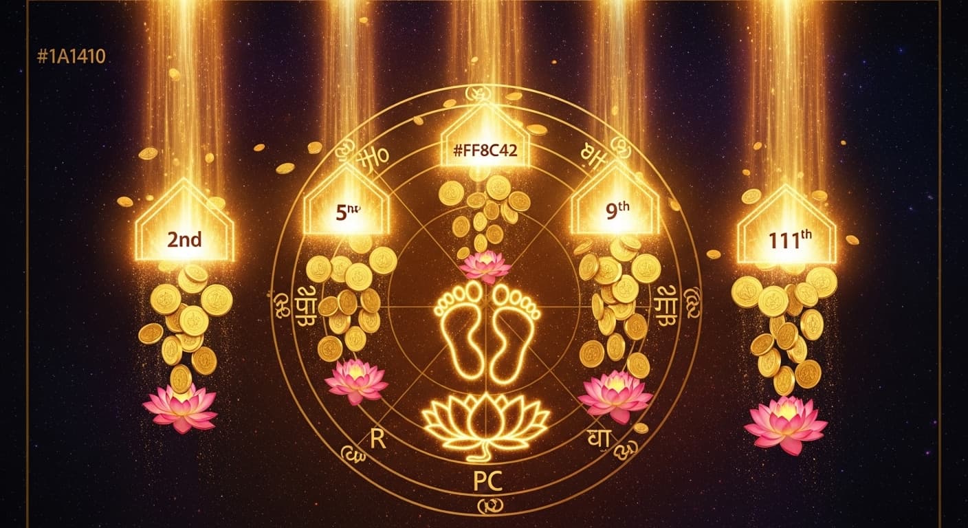 Dhana Yoga — golden coins and planetary symbols in a cosmic wealth configuration, Lakshmi lotus in the foreground