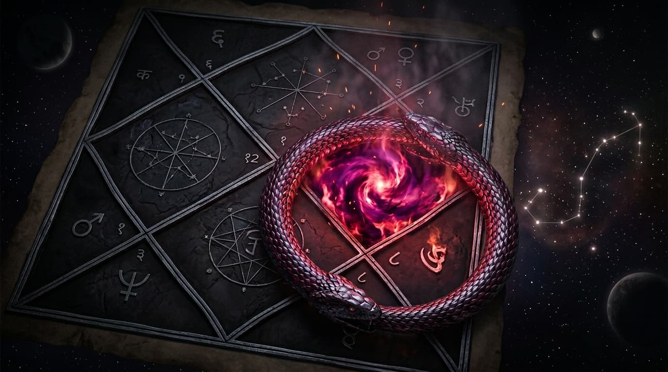 The Mrityu Bhava (8th house) of a Vedic kundli chart pulsing with deep crimson-violet transformation energy