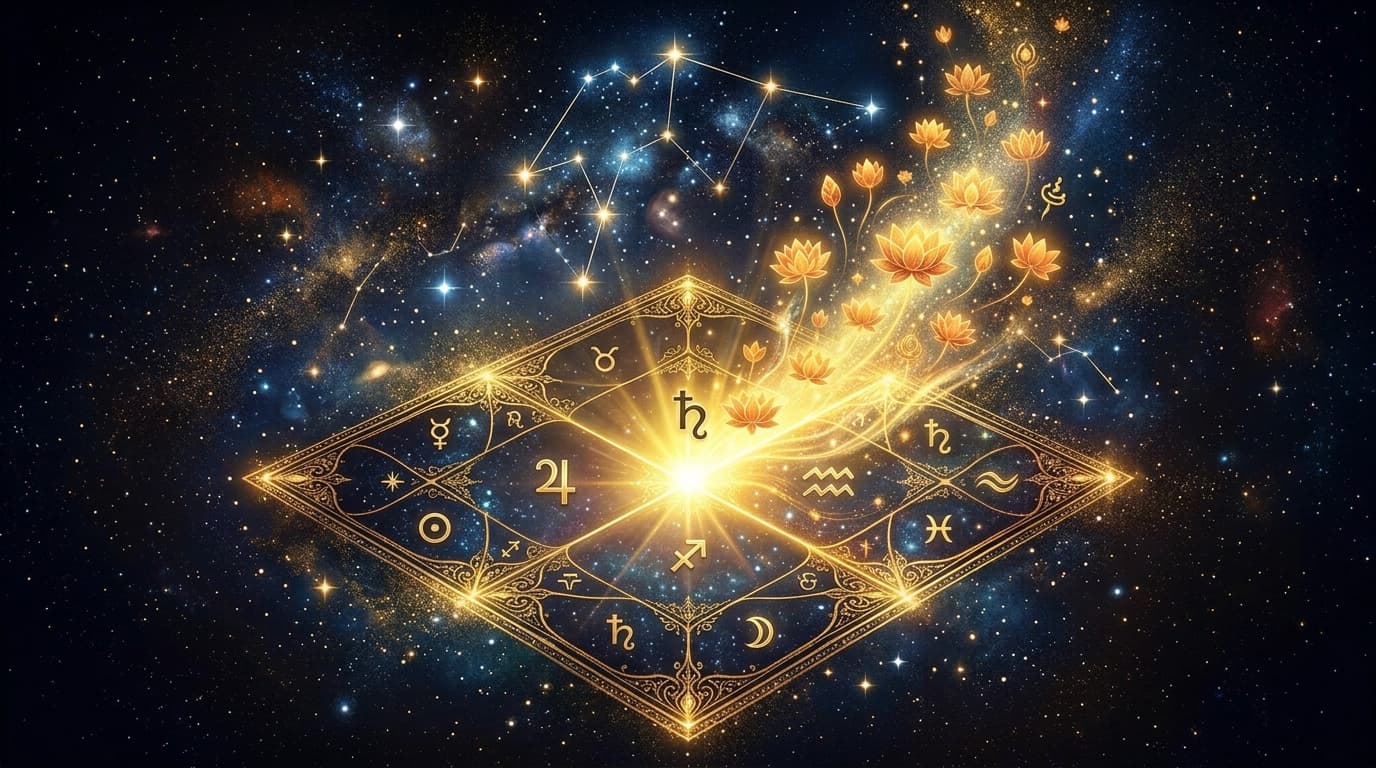 The Labha Bhava (11th house) of a Vedic kundli chart glowing with radiant golden celestial light and lotus symbols