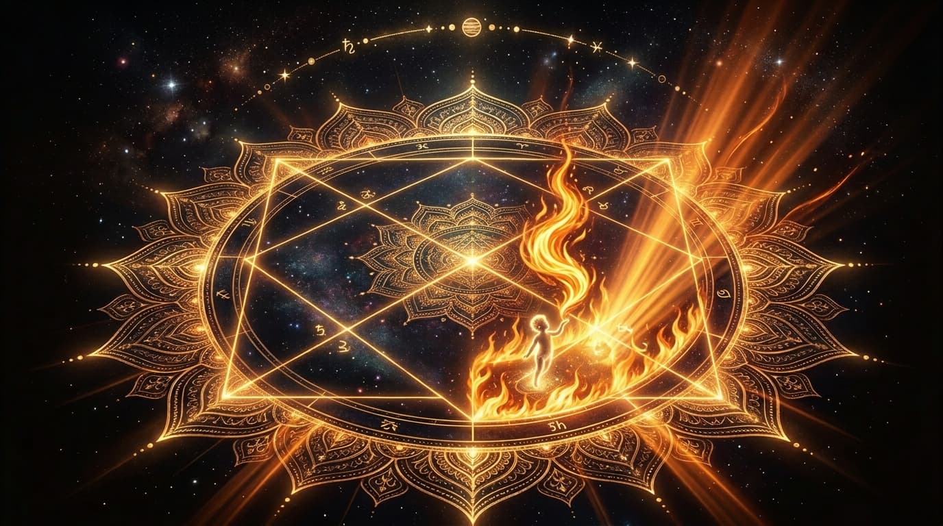 The Putra Bhava (5th house) of a Vedic kundli chart blazing with creative amber-gold flame