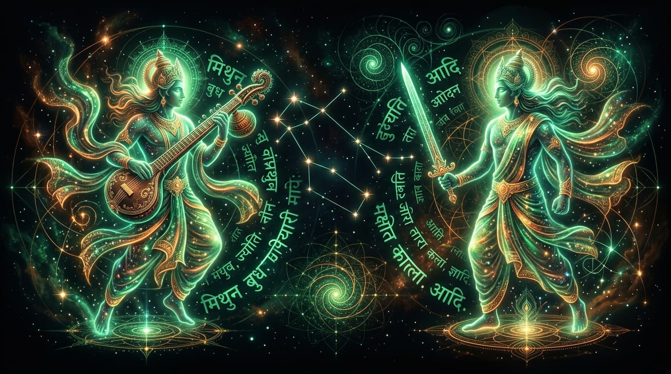 Mithuna — the Gemini twins as two luminous cosmic figures facing each other, veena and sword
