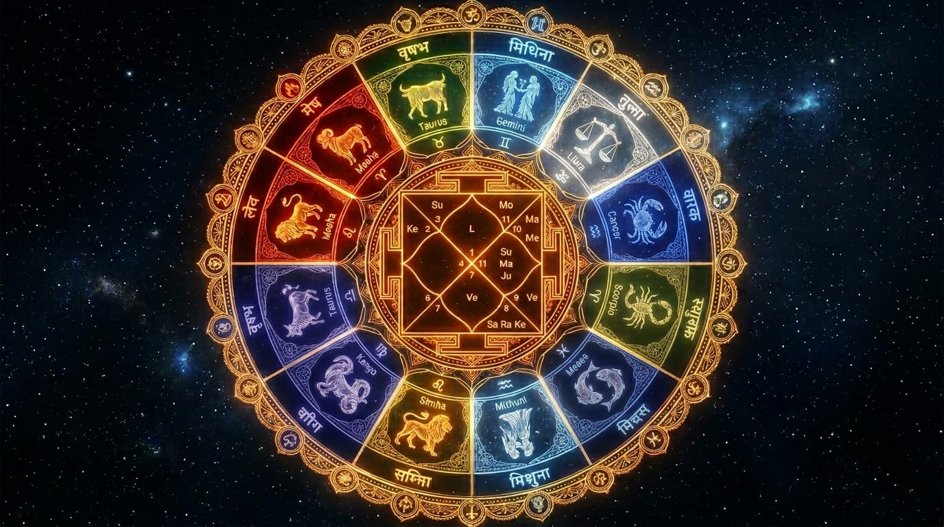 The 12 Vedic Rashis arranged as a luminous mandala wheel in deep space with kundli chart at center