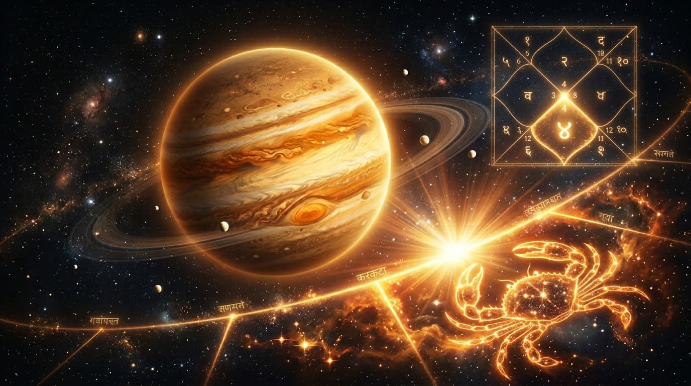 Jupiter as a colossal amber-gold planet crossing the zodiac threshold from Gemini into Cancer