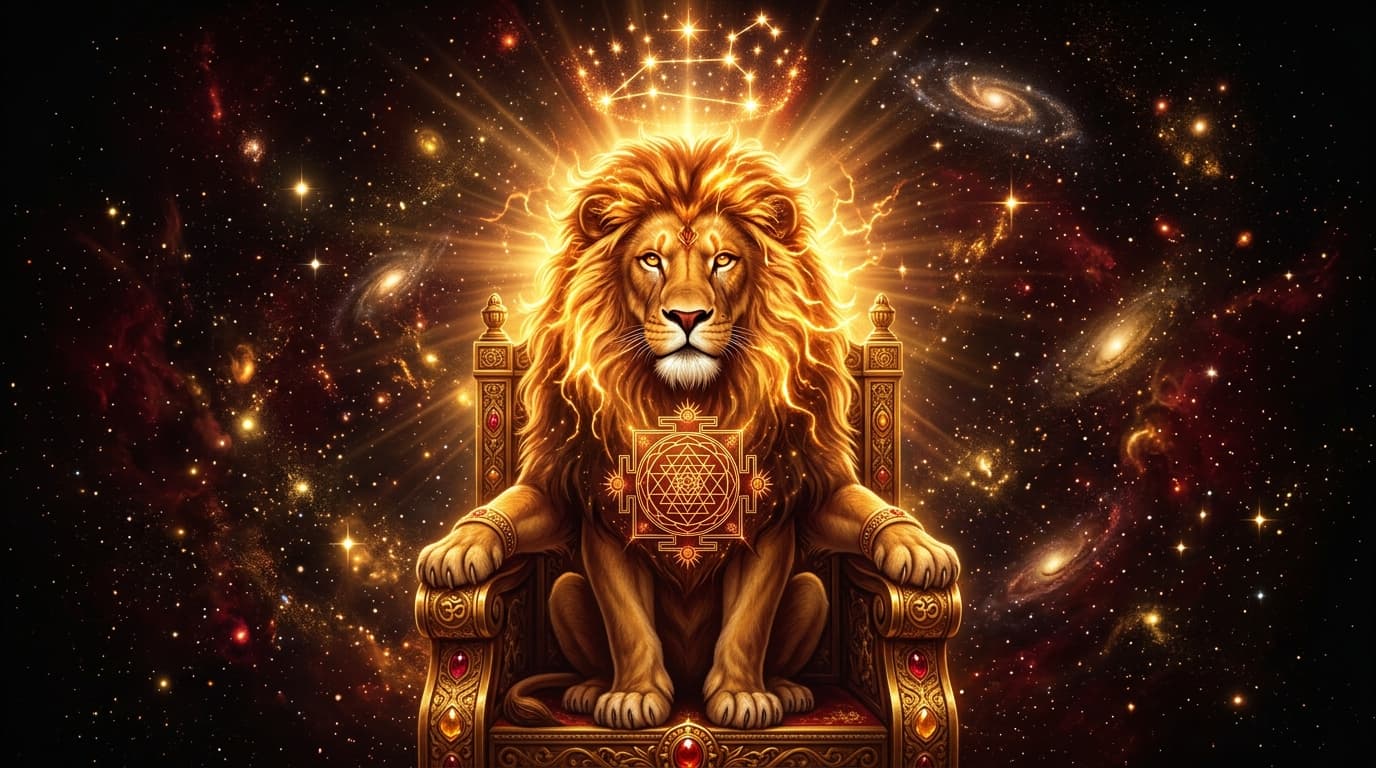 Simha — the Leo lion as regal solar deity-form lion on golden throne, mane blazing amber-gold