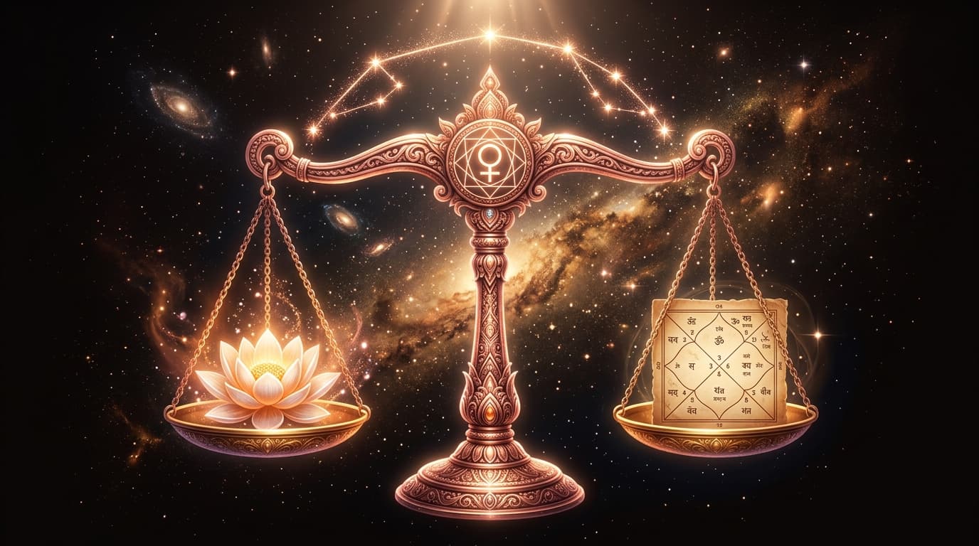 Tula — cosmic balance scales, one pan with glowing lotus and other with Vedic kundli chart
