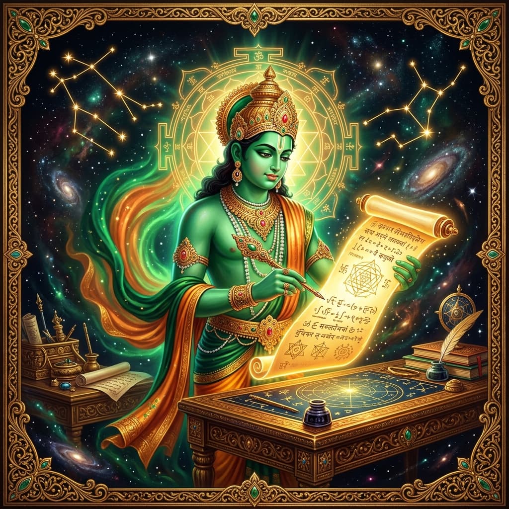 Budha, the emerald-green Mercury deity, a youthful scholarly figure standing at a cosmic writing desk