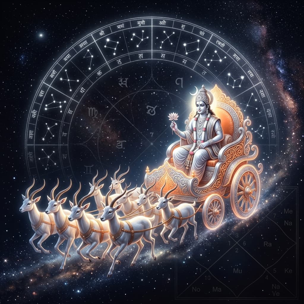 Chandra, the silver-white Moon deity, riding a luminous chariot drawn by ten white antelopes