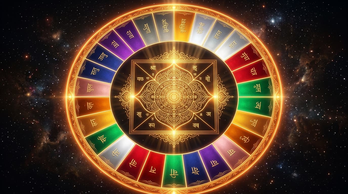 A sweeping overhead view of the complete 27 Nakshatra wheel arranged concentrically around a glowing Vedic kundli chart