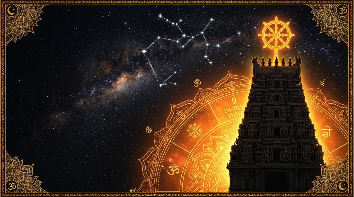 The Dharma Bhava (9th house) of a Vedic kundli chart radiating saffron-gold dharma light with temple gopuram