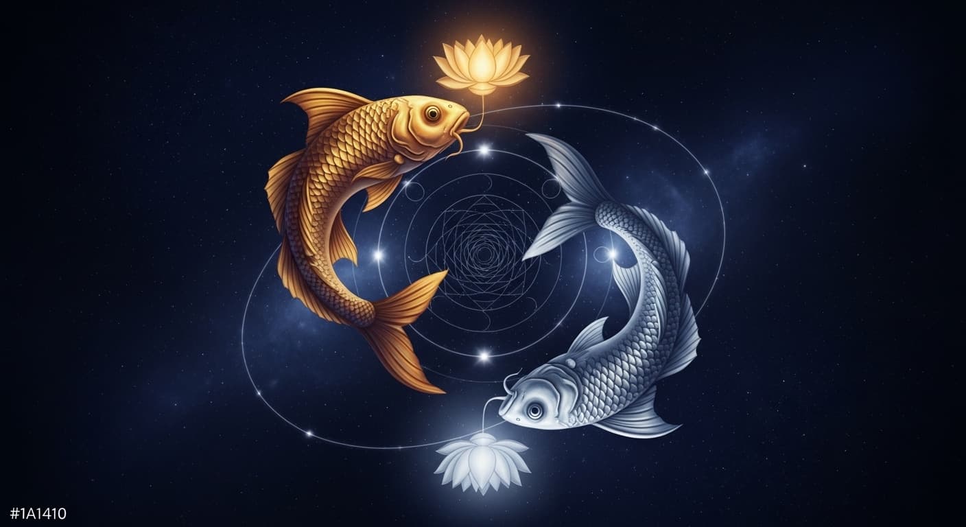 Meena — two cosmic fish swimming through a luminous deep-space nebula, Jupiter's golden glow on the horizon
