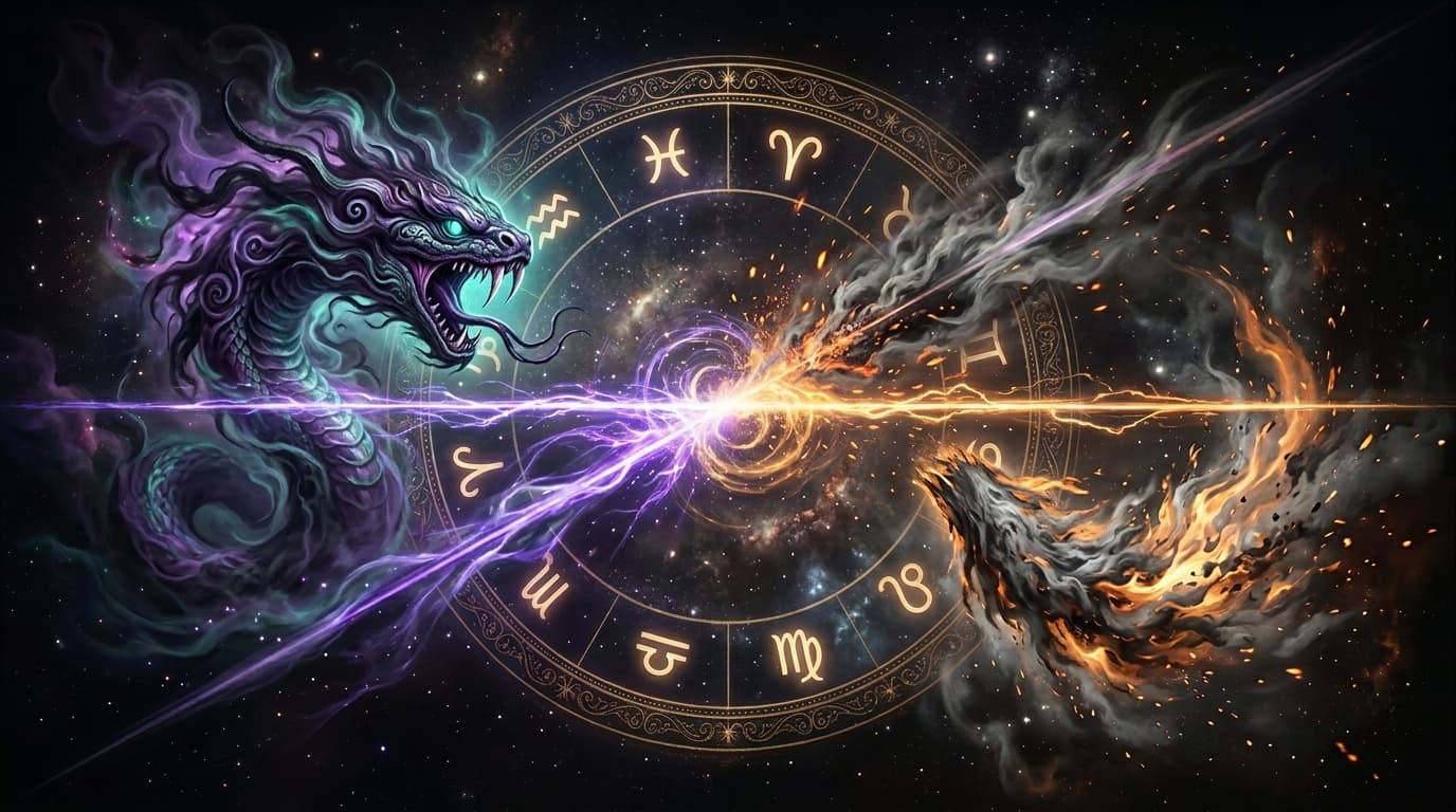 Rahu-Ketu axis as twin shadow nodes — Rahu's violet-teal serpent head and Ketu's grey-ash flame-tail