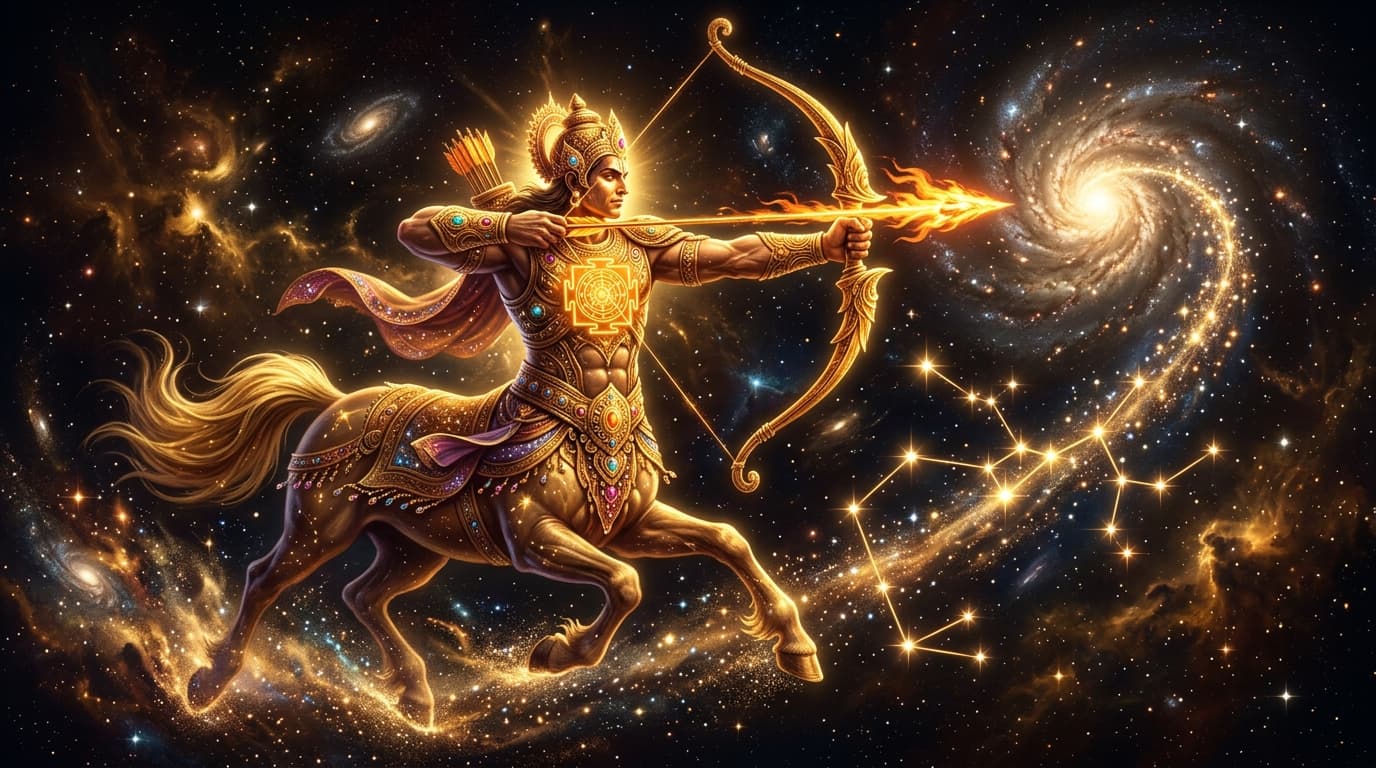 Dhanu — the Sagittarius centaur-archer as a golden cosmic warrior drawing a blazing arrow bow