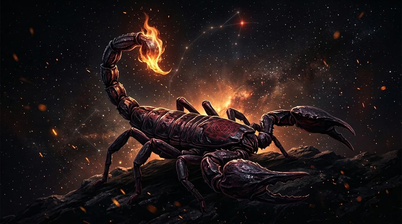 Vrishchika — the Scorpio scorpion, body forged from meteorite iron, transformation flame at stinger