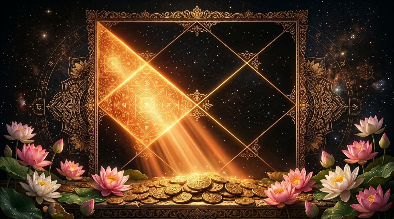 The Dhana Bhava (2nd house) segment of a Vedic kundli chart illuminated in cascading orange-gold light