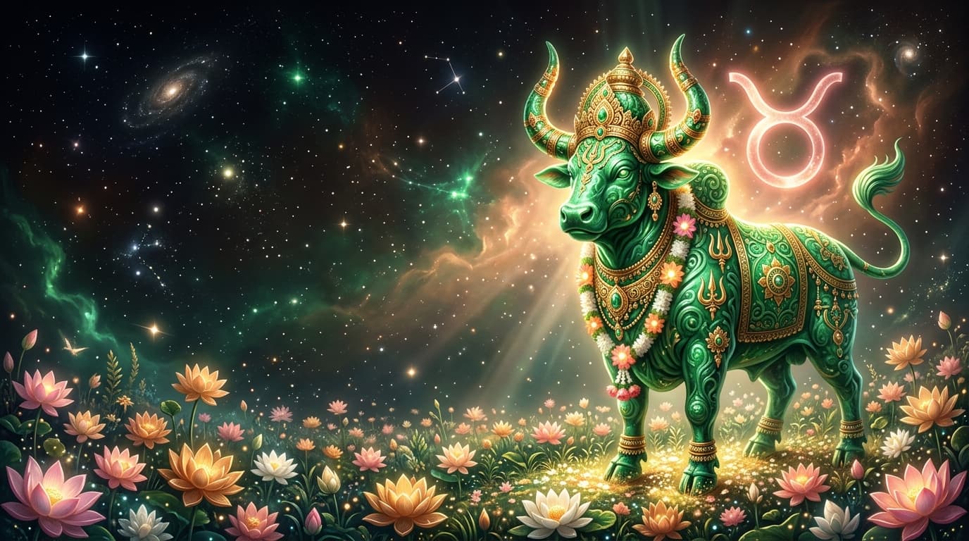 Vrishabha — the Taurus bull as majestic emerald-gold deity-form animal in cosmic lotus meadow