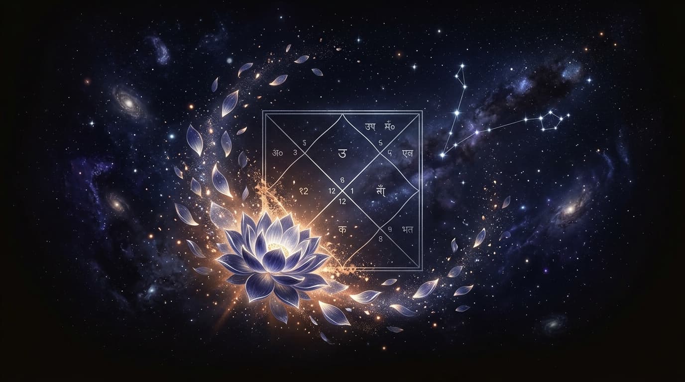 The Vyaya Bhava (12th house) of a Vedic kundli chart dissolving into cosmic light with moksha lotus