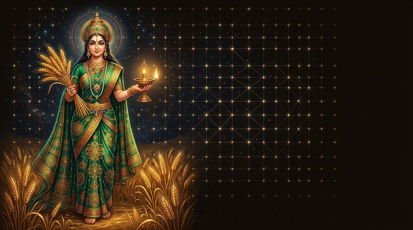 Kanya — the Virgo goddess in emerald robe holding golden wheat sheaf and lamp