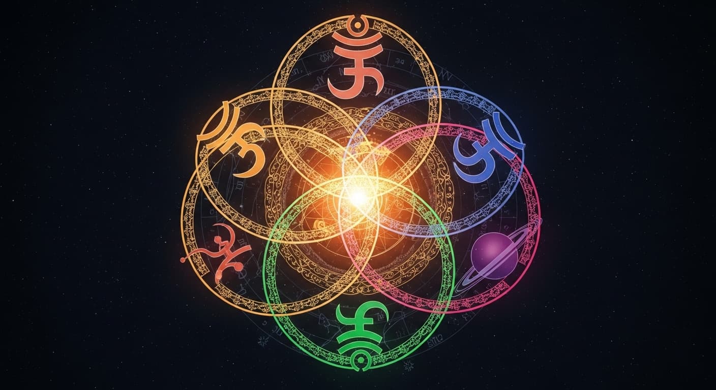 Vedic Yogas — planetary combinations glowing in a celestial mandala, representing Raja Yoga and Dhana Yoga configurations