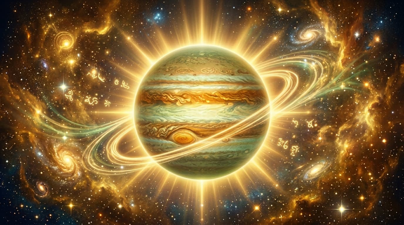 Planet Jupiter (Guru Brihaspati) in Vedic astrology radiating golden wisdom