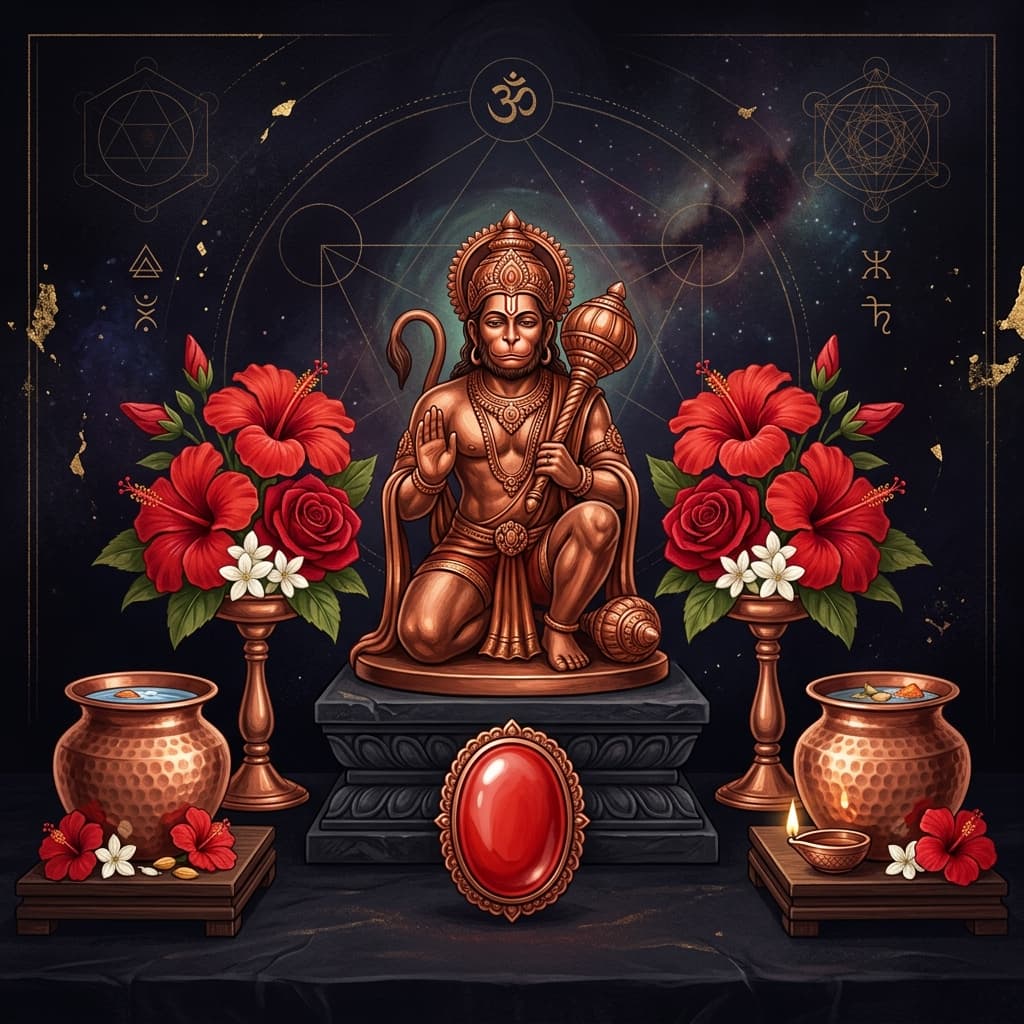 Mangal Dosh remedies — red coral gemstone, Hanuman idol, and red flowers