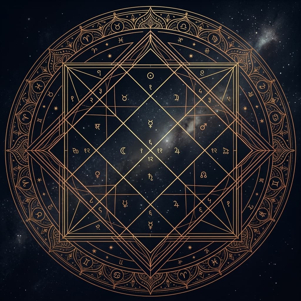 Two overlapping Vedic kundli charts representing marriage compatibility in astrology