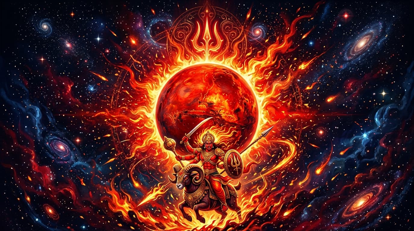 Planet Mars (Mangal) in Vedic astrology with fiery crimson aura