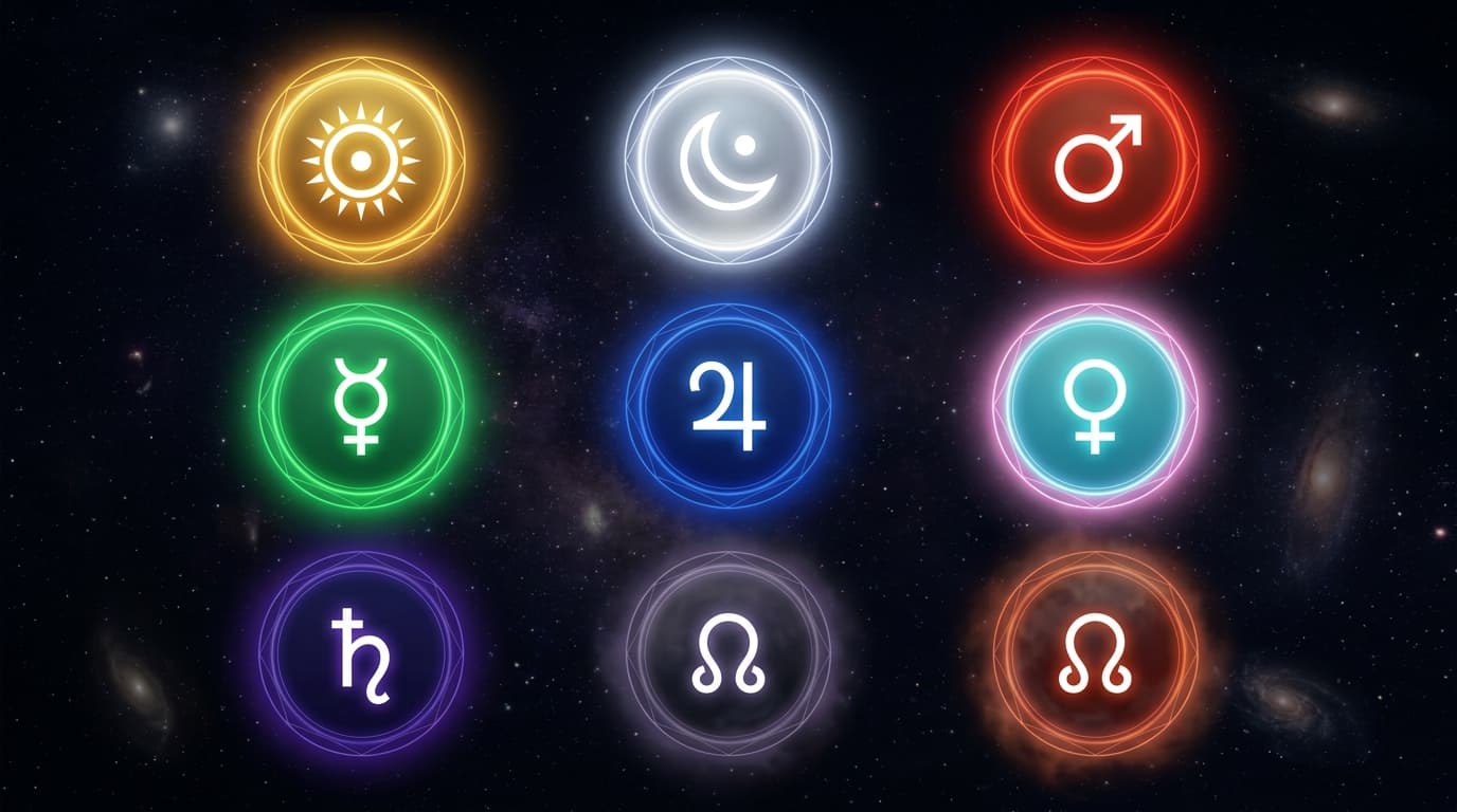 9 planetary symbols in Vedic astrology — Sun Moon Mars Mercury Jupiter Venus Saturn Rahu Ketu