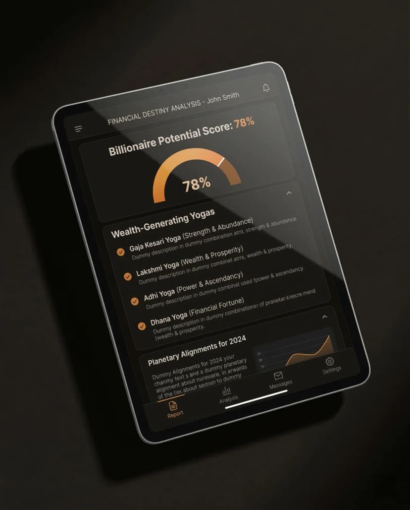AstroPath Billionaire Potential Report sample showing wealth score gauge, Gaja Kesari Yoga analysis, and planetary alignment charts