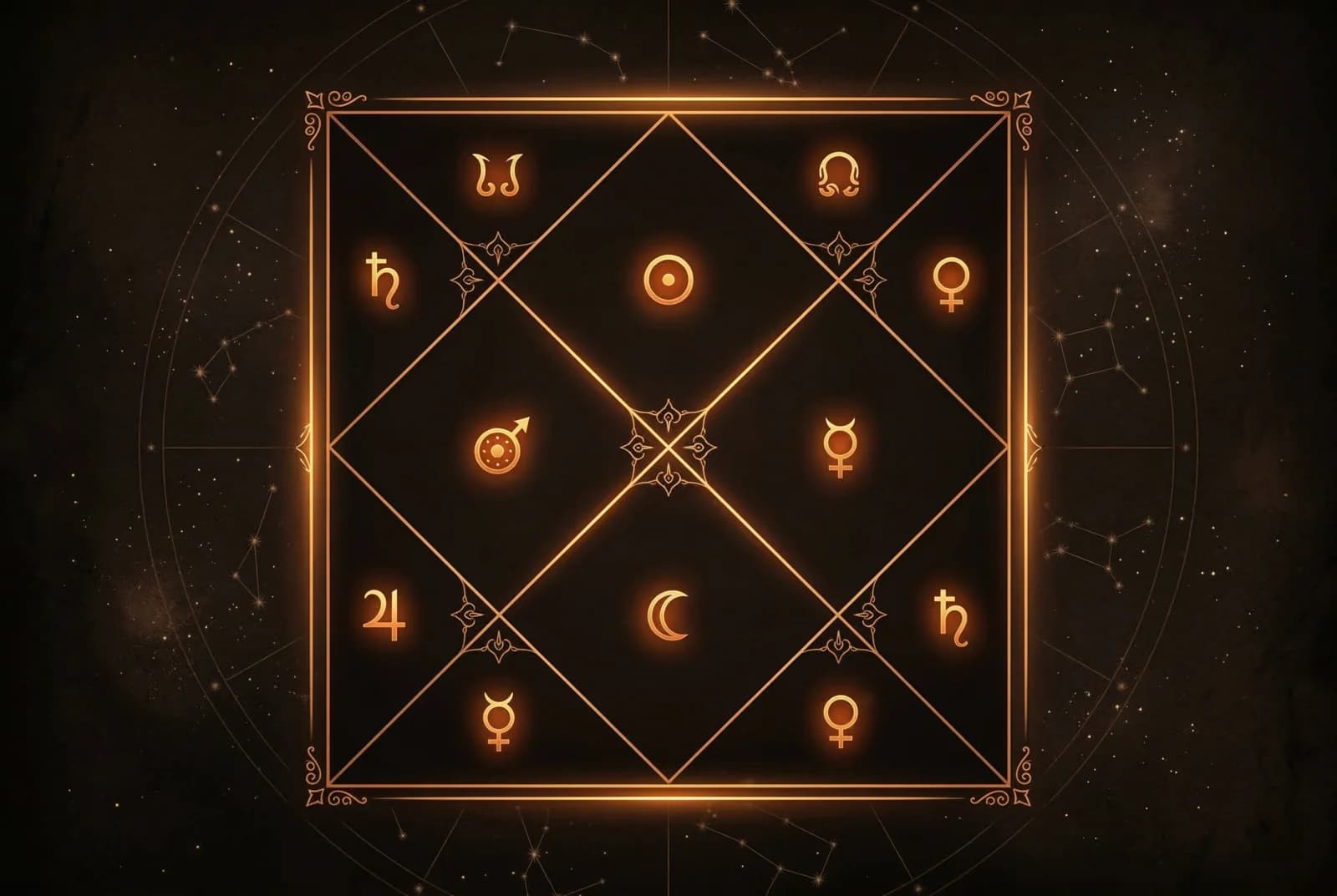 Traditional Vedic birth chart with golden planetary symbols in 12 houses — learn the foundations of Jyotish Shastra