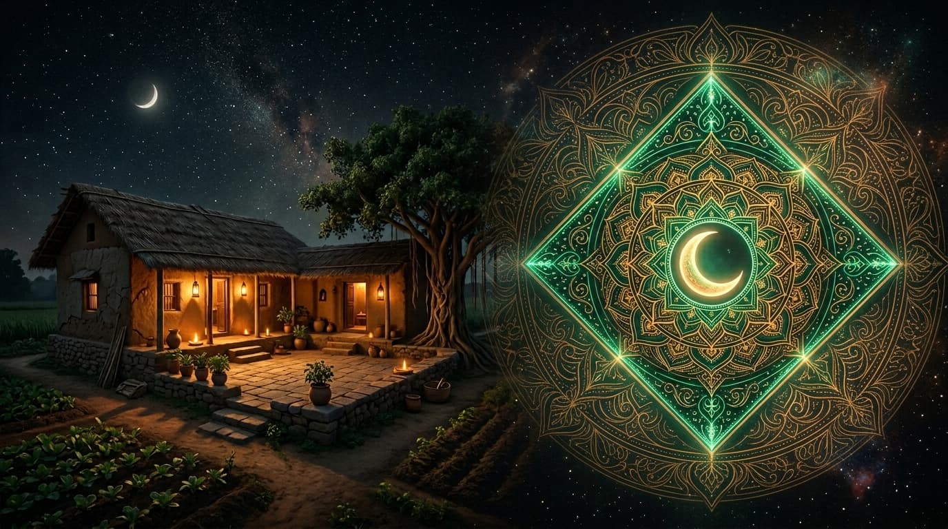 The Sukha Bhava (4th house) of a Vedic kundli chart illuminated in emerald-green and warm gold