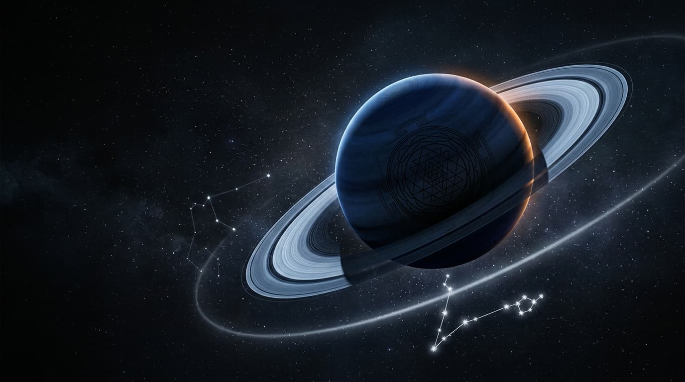 Saturn as a cold indigo-blue ringed planet moving from Aquarius into Pisces zodiac arc