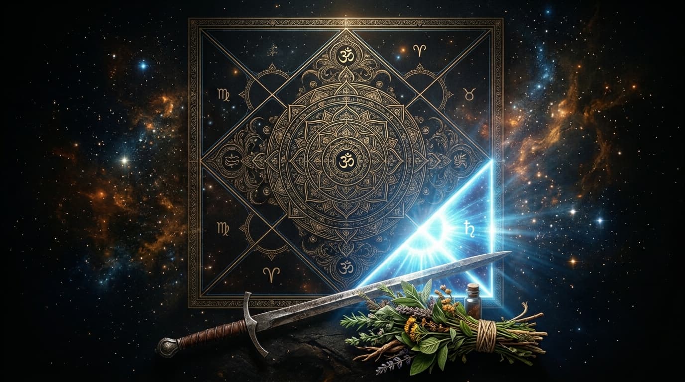 The Ripu Bhava (6th house) of a Vedic kundli chart glowing in sharp blue-white light with iron sword and medicinal herbs