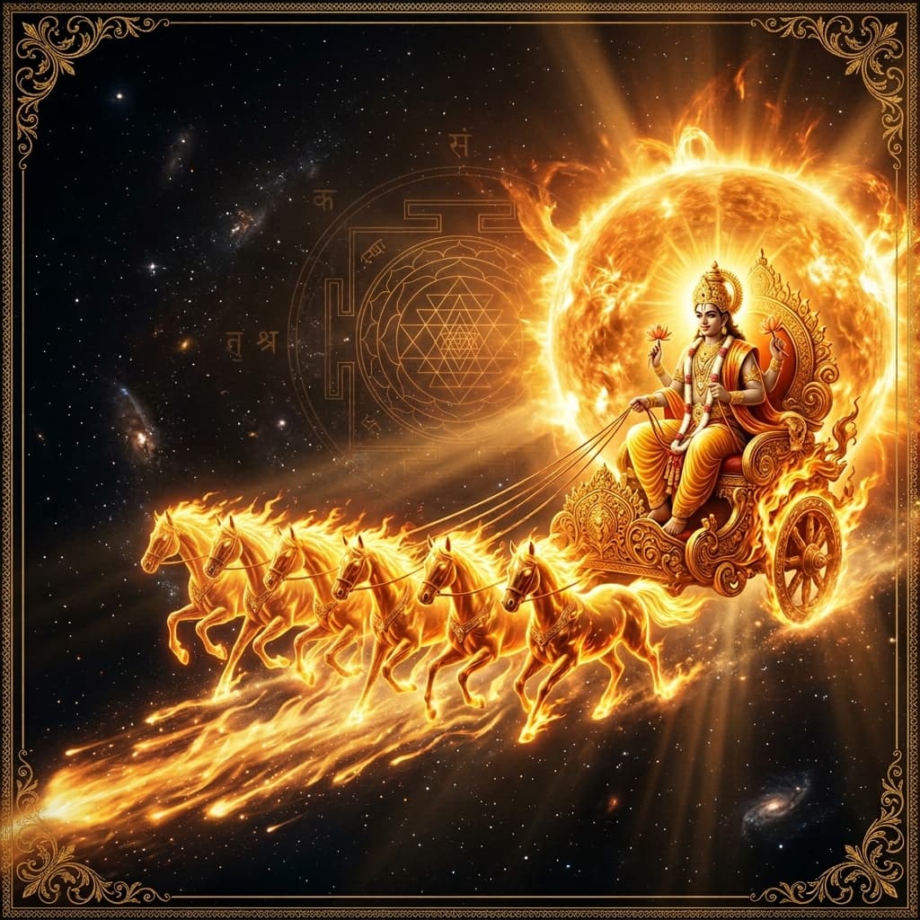 Surya, the golden solar deity, seated on a seven-horse chariot blazing through deep space