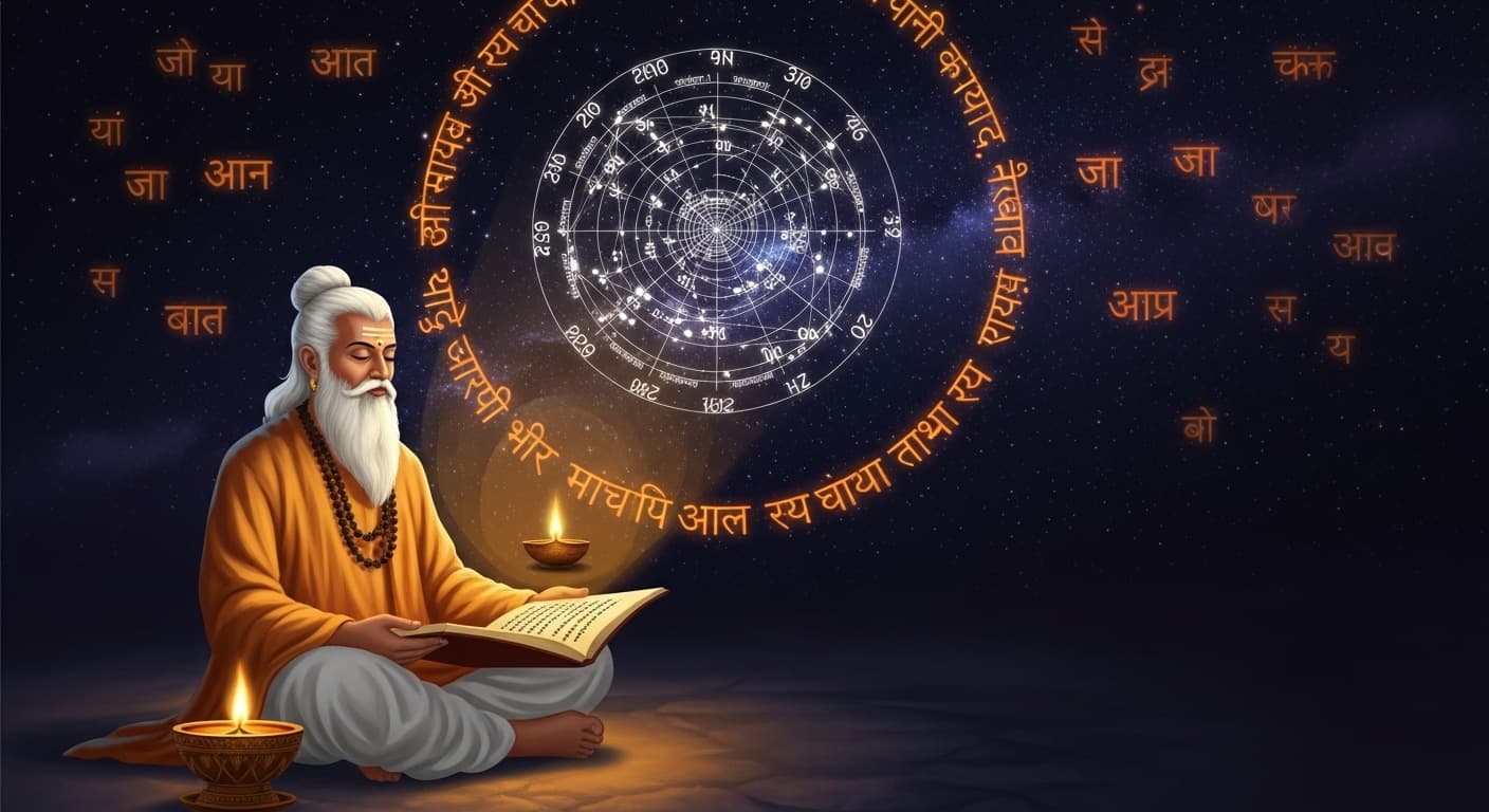 Ancient Vedic astrology — celestial chart with Sanskrit glyphs, planetary symbols and a starlit cosmic sky